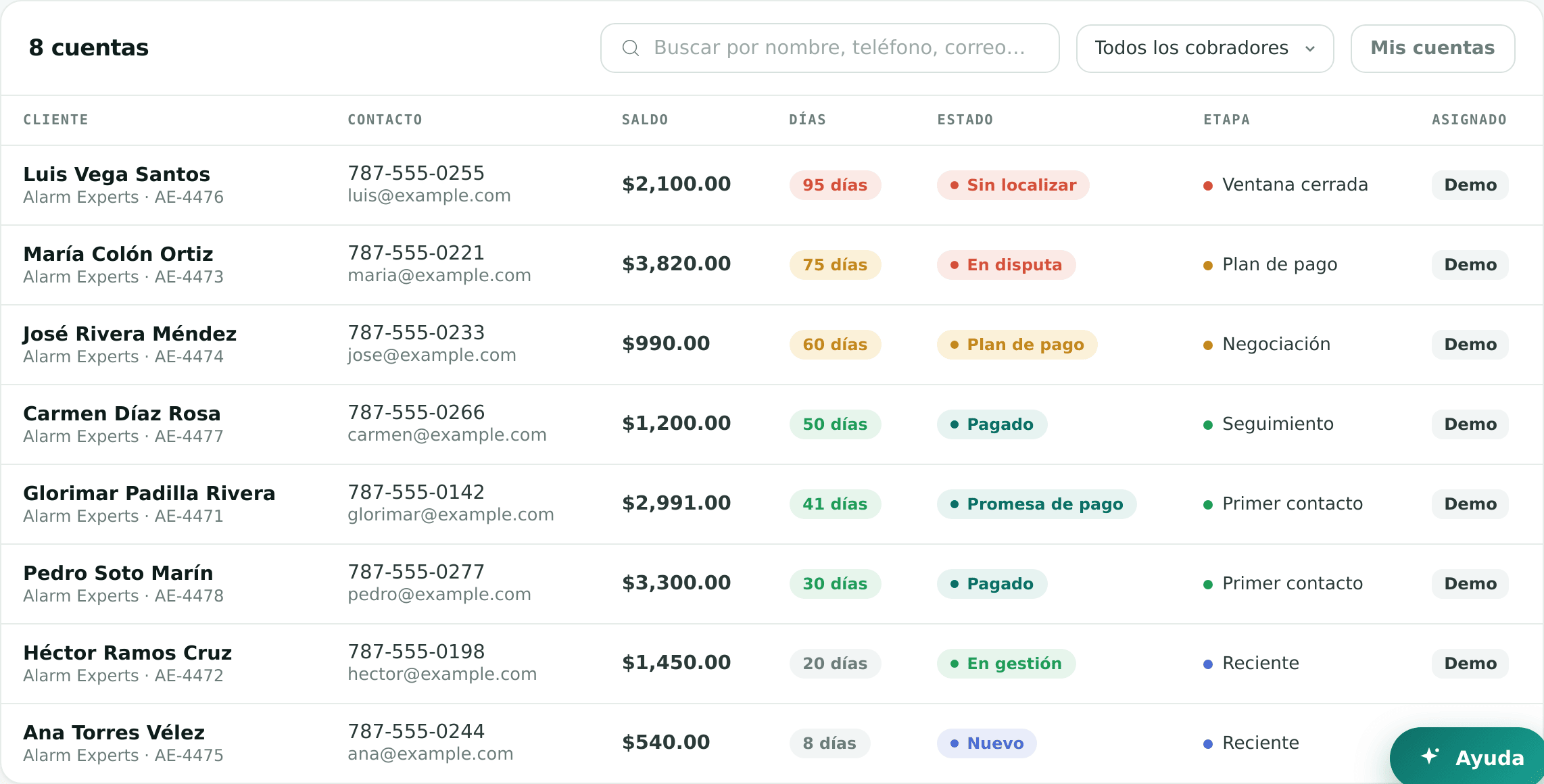 Lista de cuentas de cobranza con estado, saldo y días de atraso